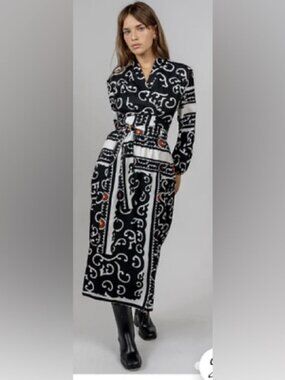 Silk & Salt Kozue Pareo Black White Print Wrap Dress  Long Sleeve